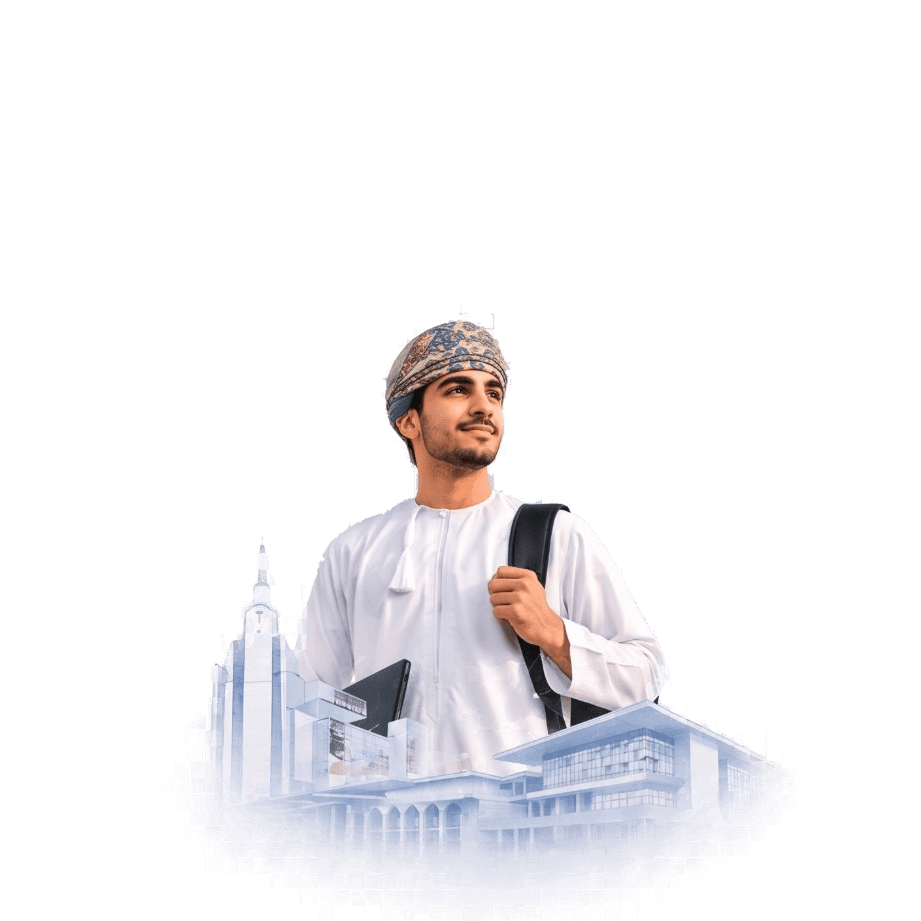 An Omani student in front of the university campus